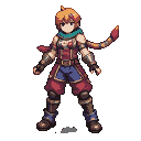 A young adventurer with orange hair, wearing crimson armor, blue trousers, and a teal scarf, stands in a ready pose.