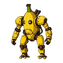 A yellow, banana-shaped mech with pixelated, melancholic eyes and a green stem.