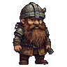 Stout, grizzled dwarf warrior with a voluminous brown beard, wearing a segmented metal helmet and weathered leather armor.