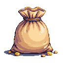 A plump, earthy-toned drawstring bag with scattered gold ingots around its base.
