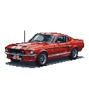 A 1967 red Ford Mustang GT500 with white racing stripes.