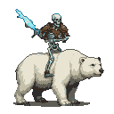 Skeletal warrior with glowing icy blue sword and fur mantle, leading a polar bear through a dark landscape.