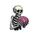 A skeletal figure holds a bright pink brain.