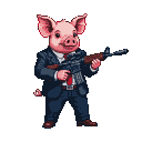 Pixel Art: pig in suit with rifle (generated with AI and edited by sandacz).