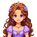 Pixel Art: Cute princess in a lavender dress and a gold crown with flowers as gemstones (generated with AI and edited by Dixy).