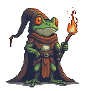 Pixel Art: frog mage with fire wand