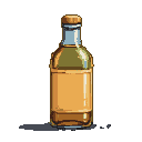 A solitary amber liquid bottle with a light label and brown cap against a black background, casting a faint shadow to the left.