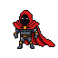 Pixel Art: retro fighter character in red cape, hooded shadow-face