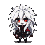 Chibi vampire Scarlet in a battle stance, with glowing crimson eyes, messy white hair, and tiny fangs. She wears a charcoal leather tunic with silver buckles and a tattered scarlet cape. The art features high contrast with neon violet rim lighting.