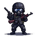 Solitary soldier in black tactical gear and gas mask with blue goggles, holding two firearms.