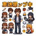A cheerful group of pixelated students, led by a confident young man, gather amidst school and playful symbols, evoking a nostalgic school day.