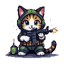 A determined tabby cat in a green tactical hoodie and vest holds a rifle, firing a pixelated burst of fire. A green grenade with its pin pulled sits beside it.