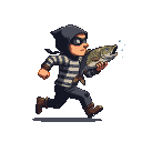 A mischievous thief in a black hood and striped shirt runs with a large, wriggling silvery fish.