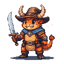 Orange-scaled fantasy warrior with blue eyes, horns, leather armor, blue cape with gem, and wide-brimmed hat, holding a gleaming sword.