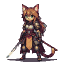 Anime cat girl warrior in dark armor with gold accents and a crimson sash, holding a curved sword, ready for battle.