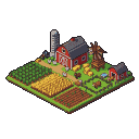 Isometric pixel art farm with a red barn, silo, outbuilding, fields of crops and harvested grain, hay bales, a windmill, pond, chickens, and cows.