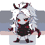 Chibi vampire protagonist with voluminous white hair, pale skin, crimson irises, and tiny fangs, wearing a gothic outfit with red accents, in a defiant battle stance.