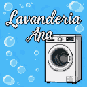 Stylized text "Lavanderia Ana" in flowing script on a vibrant blue background with scattered translucent bubbles and a modern white washing machine.