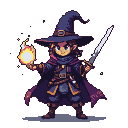 Magical swordsman with a pointed hat and cloak, holding a crackling fire orb in his left hand and a gleaming sword in his right.