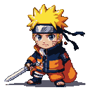 Young Naruto Uzumaki with spiky blonde hair, headband, and fierce blue eyes, gripping a sword. He wears his orange and blue outfit in chunky pixels, appearing in a chibi style.