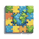 A pixelated globe at the center of a jigsaw puzzle, surrounded by earth-toned puzzle pieces.