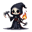 A skeletal Grim Reaper in a dark hooded robe, holding two scythes. One scythe burns with ethereal black flames. The Reaper has wide, vacant eyes and rosy cheeks.