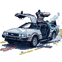 DeLorean time machine with gull-wing doors open, stainless steel body, blurred road with red and yellow streaks, and a trail of smoke.