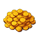 A large pile of golden coins spilling and scattered.
