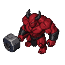 Muscular demon with crimson skin, dark horns, and black bracers, wielding a massive blocky hammer.