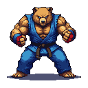 Pixel art bear in a blue gi and red hand wraps, in a fierce combat stance.