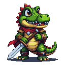 Anthropomorphic alligator warrior in armor and red cape, holding a sword.