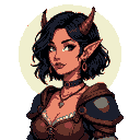 A half-demon adventurer with subtle horns and an enigmatic gaze stands ready, a pale halo illuminating her rugged, D&D-inspired armor.