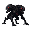 A four-legged, two-headed shadowy beast with glowing red eyes and dark, jagged scales on a black background.