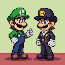 Two pixelated characters face each other: one in blue overalls, green shirt, and red cap with an "L", and another in a dark suit and cap with a golden emblem.