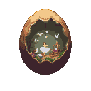 Ballerina in a white tutu pirouettes inside a cracked golden eggshell, with small pixelated white birds flying around her against a dark, transparent background.