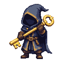 A mysterious hooded figure in a deep blue cloak, face in shadow, holds a large, ornate golden key diagonally across its body.