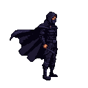 Cloaked figure in dark armor, standing in profile with a glint of metal at their hip.