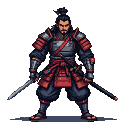 Samurai warrior in dark segmented armor with red accents, a metallic prosthetic left arm, and a katana.