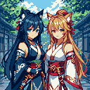 Two anime-style characters with feline ears and tails, one in deep blues and blacks, the other in warm yellows and whites, stand side-by-side in traditional Japanese attire with red and gold accents before stylized Japanese architecture and green foliage.