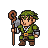 A stout fantasy character in a green tunic and cap, holding a brown staff, with a golden-buckled belt and metallic bracers.