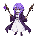 Young mage with purple hair and eyes, wearing a white dress and dark purple hooded coat, holding two glowing purple gem-topped wands.
