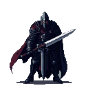 Knight in dark segmented armor with a glowing red eye and a crimson cape, holding a large two-handed sword.