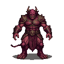 Crimson demon with golden-brown armor, jagged horns, and a long tail, standing stoically with splayed fingers.