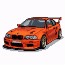 Orange BMW M3 GTR with wide body kit, rear spoiler, and gold-rimmed wheels, viewed from a three-quarter front angle.