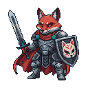 Warrior with a fox head, wearing dark grey pixelated armor and a red cape, holding a broadsword and a shield with a white fox mask.