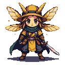 Warrior with golden bee wings and horn-like hat, holding a sword, wearing earthy-toned layered clothing and a teal scarf.