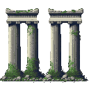 Crumbling Greek-style pillars overgrown with vibrant green vegetation.