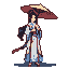 Pixel Art: wuxia female character holding closed umbrella, idle standin...