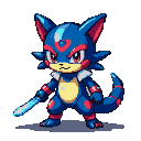A dark blue, ninja-like creature with red markings and a pale yellow belly, holding a glowing light blue sword.