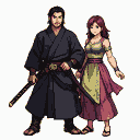 A stoic man in a dark samurai robe holds a katana, standing beside a woman with flowing auburn hair and a vibrant layered dress.